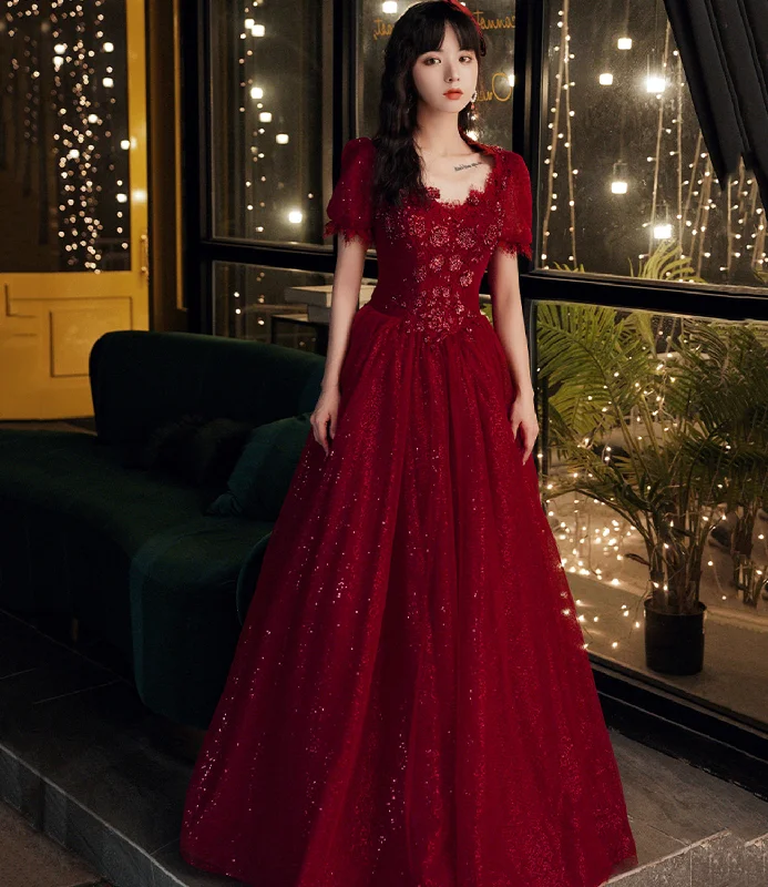 Limited Stock Available!BURGUNDY LACE LONG A LINE PROM DRESS FORMAL DRESS       cg24694