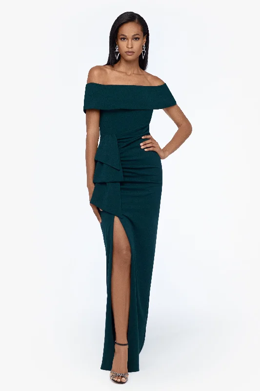 Lowest Prices Guaranteed!"Camila" Long Off the Shoulder Scuba Crepe Dress