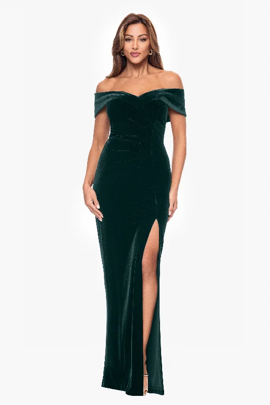 Time to Snag a Bargain!"Charmaine" Long Off the Shoulder Velvet Gown