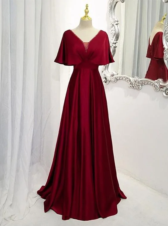 Shop Early, Save Big!Dark Red Satin A-line Floor Length Evening Prom Dress, Wine Red Wedding Party Dresses       cg24707