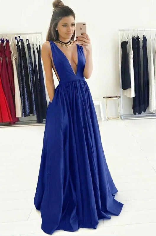 Save Up to 50% Off!Deep V-neck A-line Royal Blue Long Prom Gowns