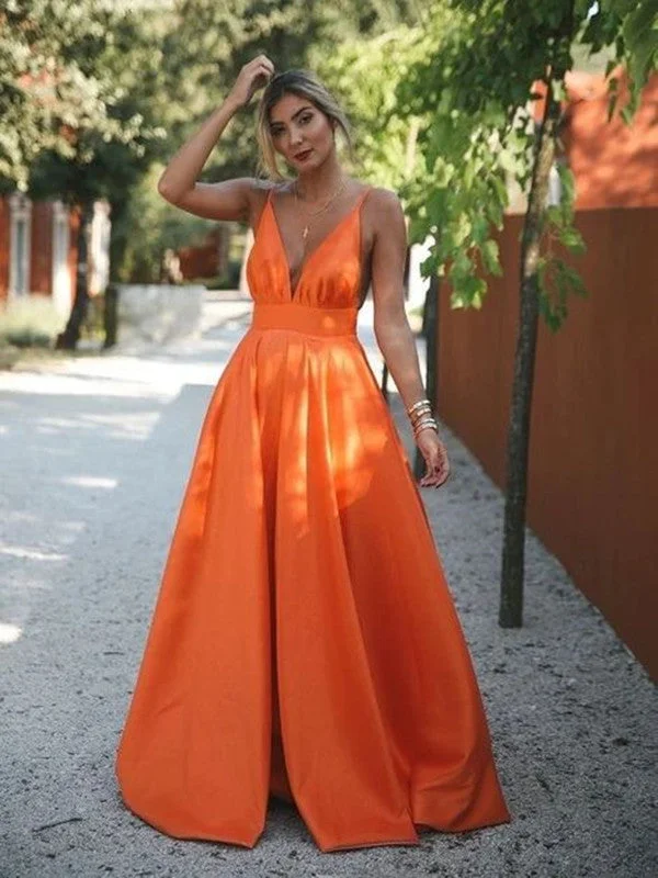 Incredible Savings Inside!Deep V Neck Orange Color Prom Dresses, A-line Simple Prom Dresses, Satin Evening Party Dresses