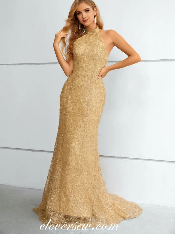 Save More with Every Purchase!Gold 3D Embroidery Lace Halter Mermaid Elegant Prom Formal Dresses, CP0917