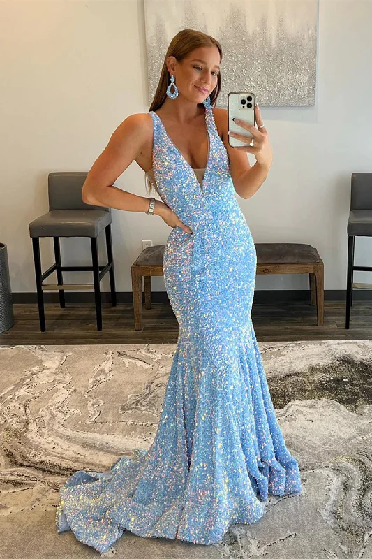 Best Offers of the Month!Light Blue Deep V Neck Mermaid Prom Dress