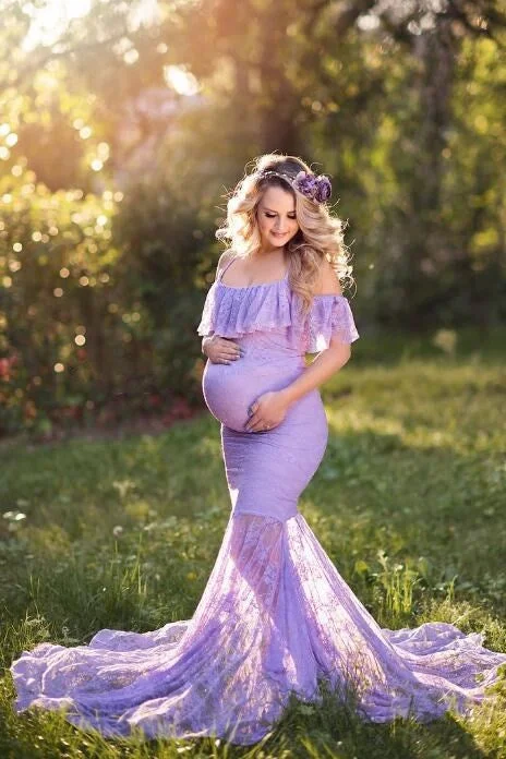 The Best Offers Are Here!Lilac Lace Pregnant Woman Prom Dresses with Spaghetti Straps