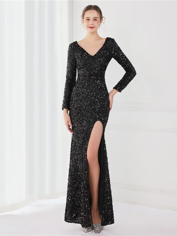 Find Your Perfect Deal Today!Long Sleeve Solid V-neck Sequin Prom Dress MCW1133