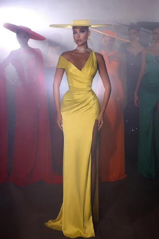 Exclusive Deals Just for You!Maxi Yellow Prom Gown with Asymmetric Neckline
