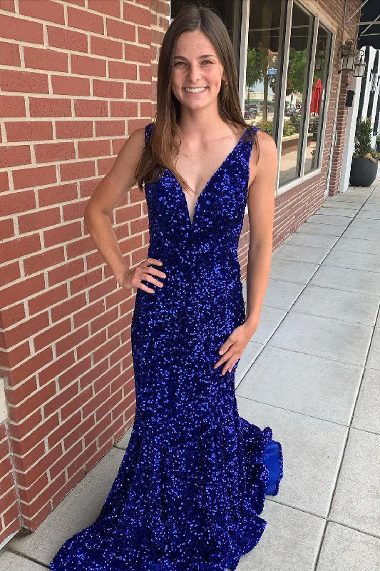 Save Like Never Before!Mermaid Blue V-Neck Sequins Long Prom Dress