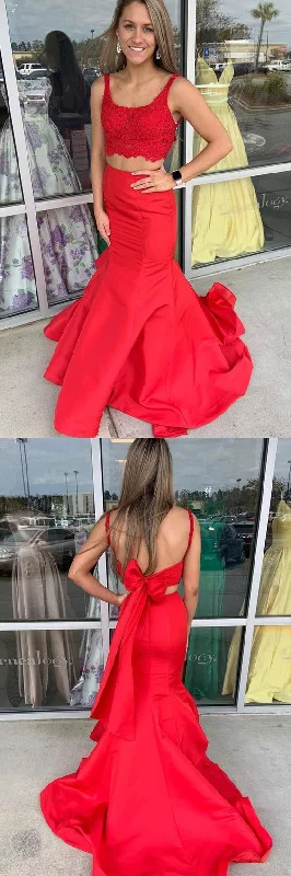 The Best Deals Won’t Wait!Mermaid Two Pieces Lace Red Long Prom Dresses, Two Piece Red Formal Dresses     cg24783