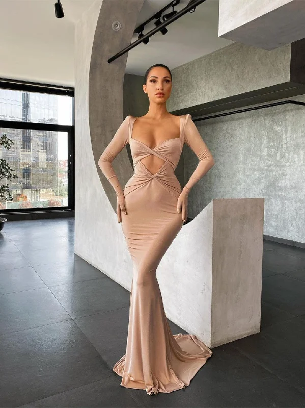Enjoy Huge Discounts Now!Nude Elastic Satin Long Mermaid Prom Dresses, Sexy 2021 Prom Dresses, Evening Dresses