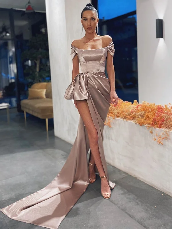 Shop Smart, Save Big!Off Shoulder Chic Long Mermaid Prom Dresses, Dark Champagne Prom Dresses, High Slit Prom Dresses
