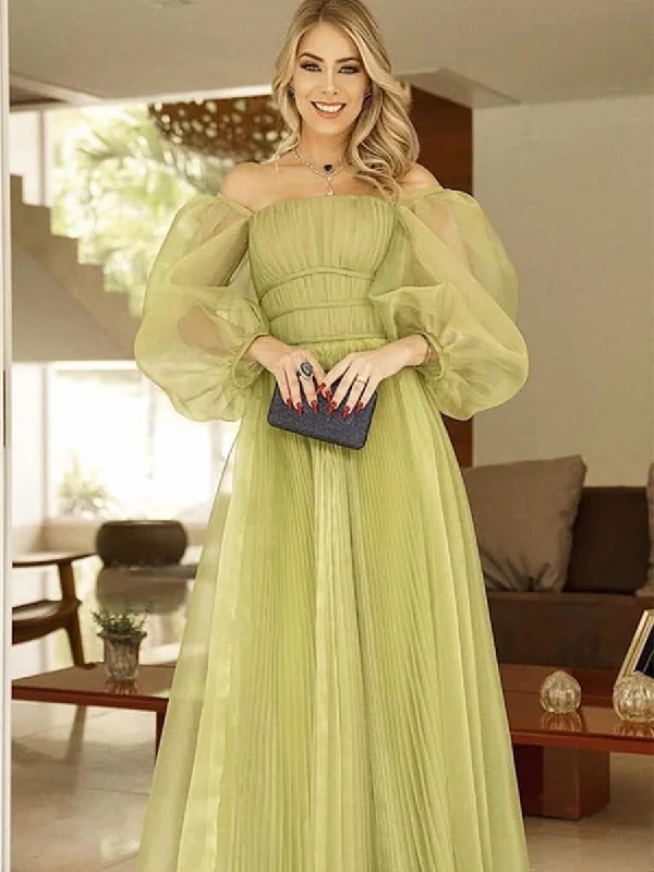 Special Offer – Act Fast!Off Shoulder Long Sleeves Organza Prom Dresses, A-line Prom Dresses, Lovely Prom Dresses, 2021 Prom Dresses