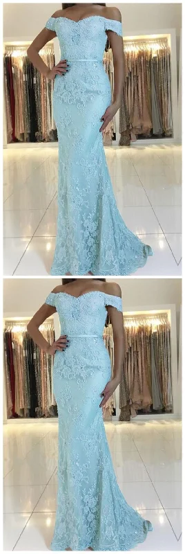 Best Offers of the Month!Off The Shoulder Mermaid Blue Lace Prom Dress      cg24425