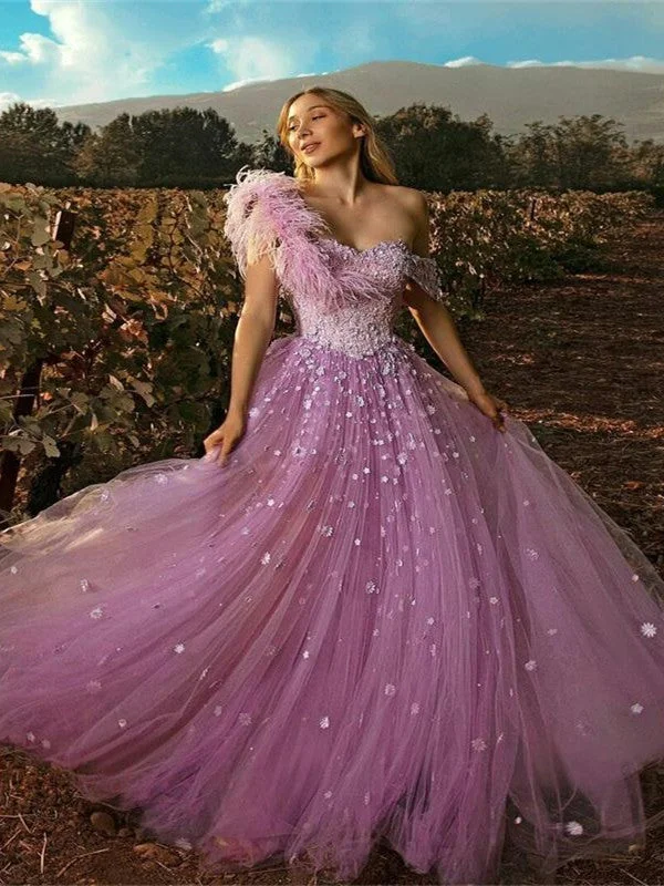 Score Huge Discounts Today!One Shoulder Feather Lace Appliques Prom Dresses, Quinceanera Dresses, A-line 2021 Prom Dresses