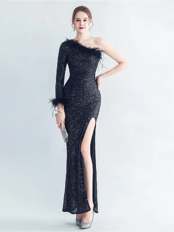 Savings You Can’t Ignore!One Shoulder Feather Split Prom Dress MCW1138