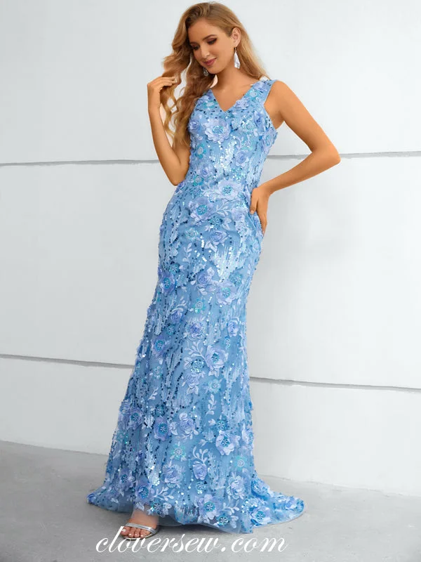 Your Exclusive Offer Awaits!Pale Blue Stunning Lace Sleeveless V-neck Mermaid Elegant Prom Dresses, CP0911