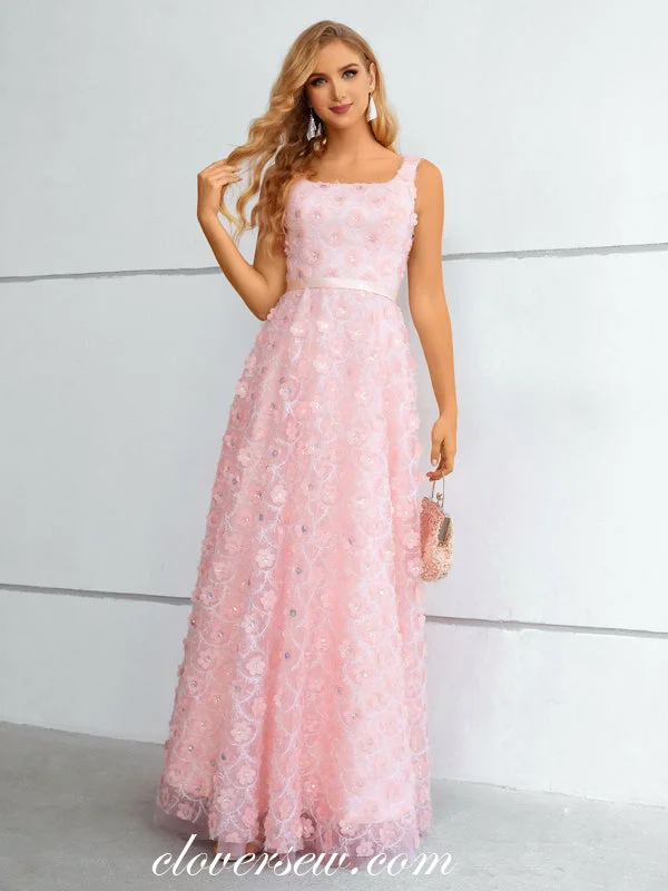Your Shopping Spree Starts Here!Pink 3D Floral Lace Square Neck Sleeveless A-line Prom Dresses, CP0914