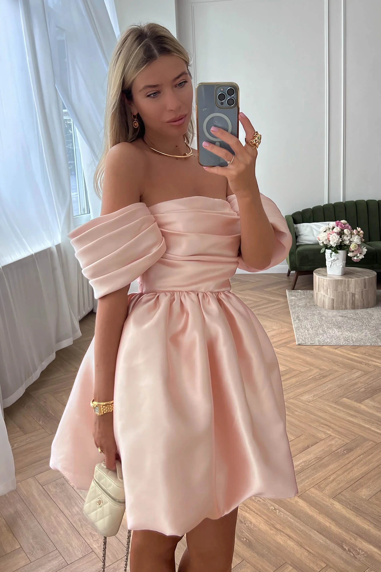 Limited Edition, Limited Price!Pink Satin Homecoming Dress with Dropped Sleeves