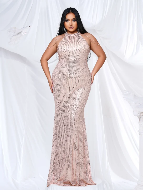 New Discounts Just Dropped!Plus Cold Shoulder Beads Chain Maxi Dress PRJP1081