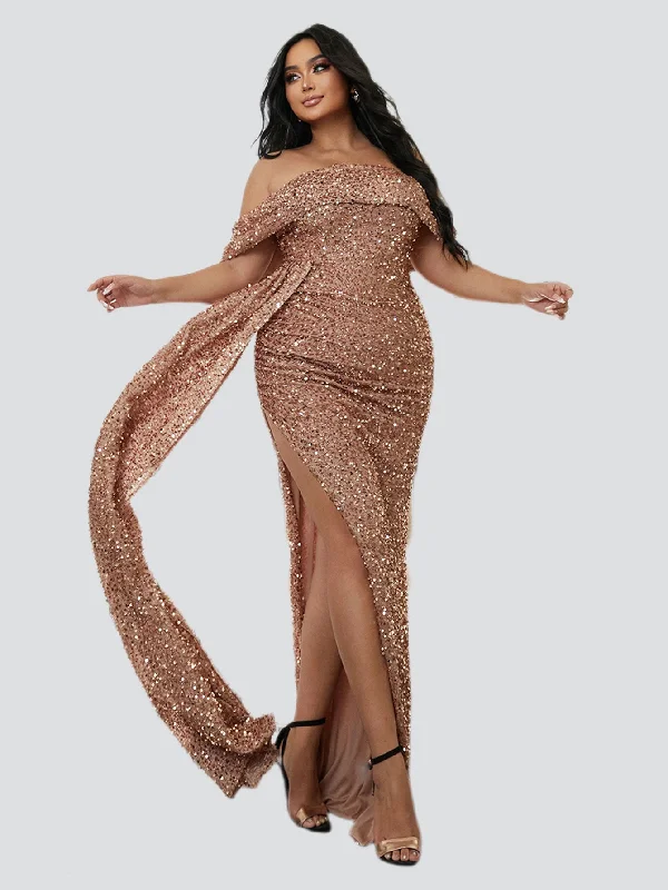Shop Today, Save Tomorrow!Plus Off Shoulder Draped Sequin Prom Dress PXH2132