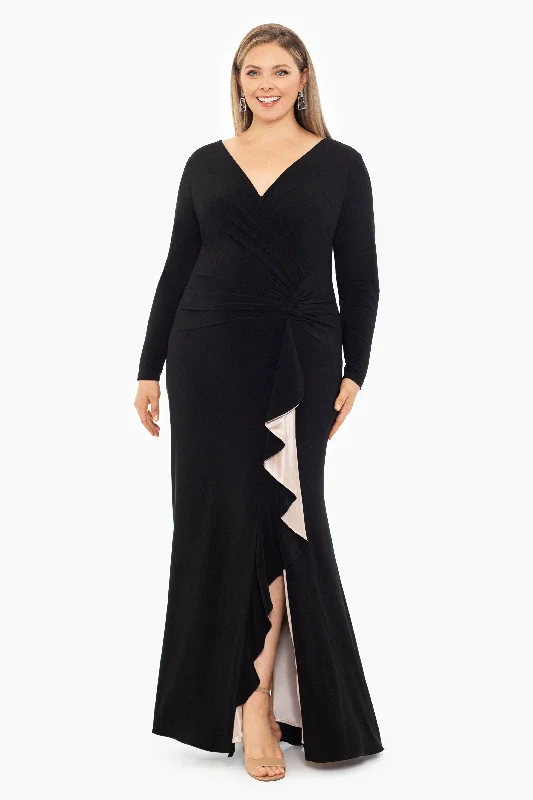 Lowest Prices Guaranteed!Plus "Trudy"  Long Sleeve Jersey Knit Contrast Lining Gown