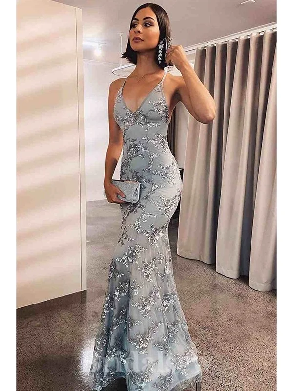 Act Fast – Limited Time Savings!Popular Spaghetti Straps Silver Mermaid Modest Long Party Evening Prom Dresses PD1364