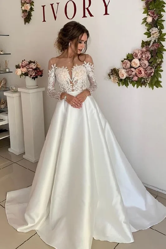 Only a Few Left – Order Now!Prom Dress Princess Long Sleeves Illusion Neck Ivory Wedding Gown with Lace        cg24659