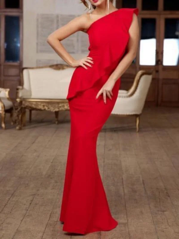 Limited Deals, Unlimited Savings!Red Color One Shoulder Long Prom Dresses, Mermaid Newest Prom Dresses