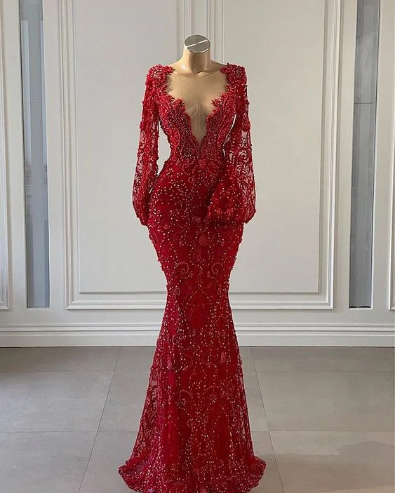 Save Like Never Before!Red Prom Dress long Prom Dresses Long Sleeve Lace Mermaid Evening Gowns      cg24348