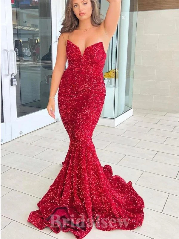 Huge Price Cuts Await!Red Strapless Mermaid Simple Sequin Popular Long Party Evening Prom Dresses PD1362