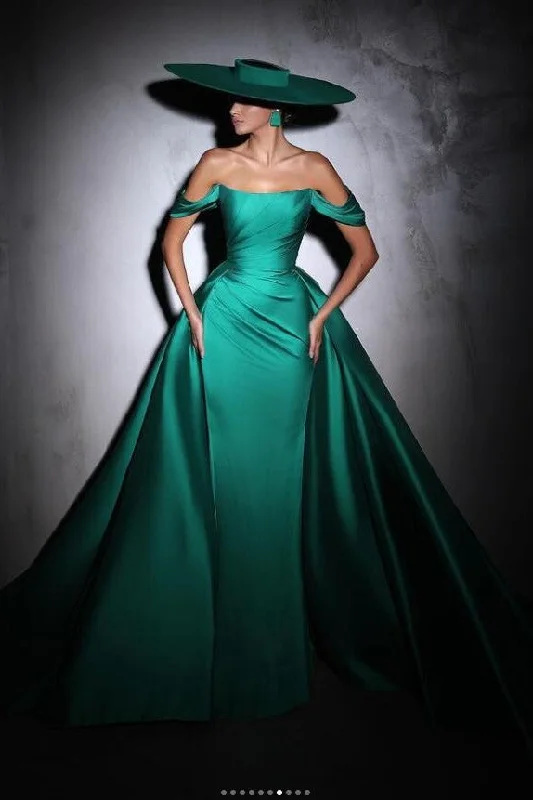 Save Money, Shop Happy!Satin Green Prom Party Gown with Off-the-shoulder Neckline