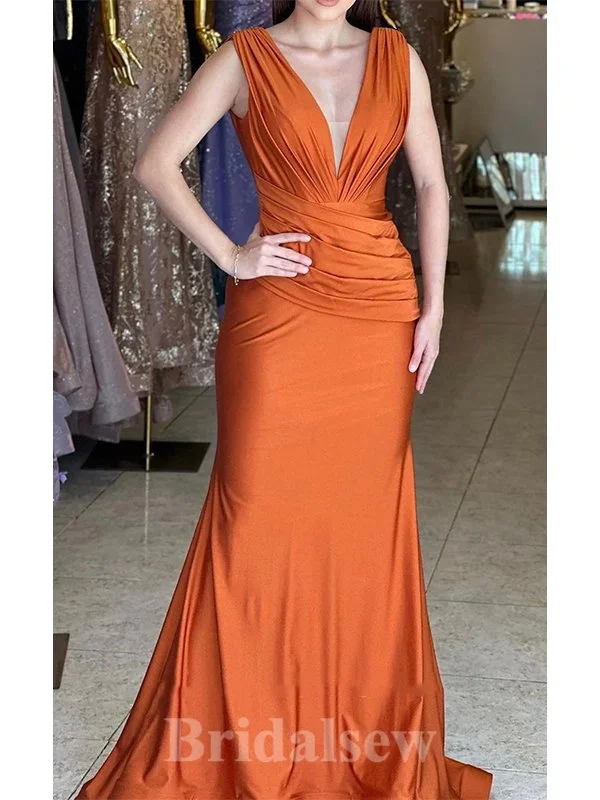 Shop Smart, Save Big!Satin Orange Unique Mermaid Sleeveless Satin Elegant Evening Formal Long Prom Dresses PD1400
