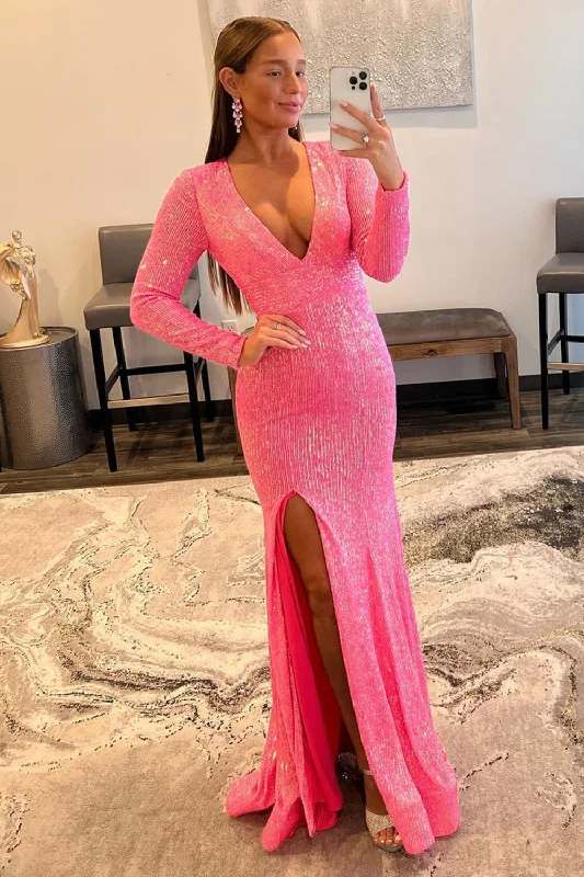 Get It Before It’s Gone!Sheath Deep V Neck Pink Sequins Long Prom Dress with Split Front