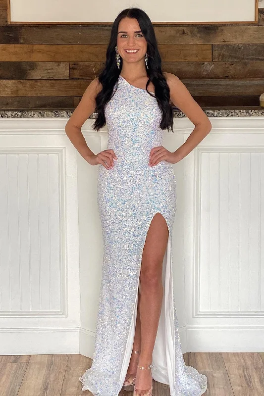 Today’s Deals, Tomorrow’s Regrets!Sheath One Shoulder White Sequins Long Prom Dress with Split Front