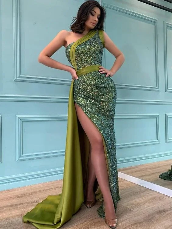 Your Discount is Waiting!Simple One-shoulder Side Slit Mermaid Sequin Evening Prom Dresses    cg24790