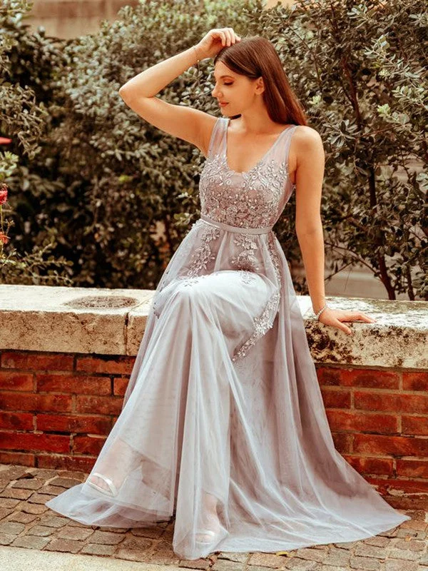 Flash Sale – Act Fast!Sleeveless Newest Evening Party Prom Dresses, Appliques Lace A-line 2021 Long Prom Dresses