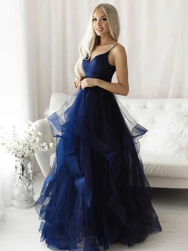 Time to Save Big!Spaghetti Long A-line Navy Prom Dresses, Organza Prom Dresses, 2021 Prom Dresses, Cheap Prom Dresses, Popular Prom Dresses