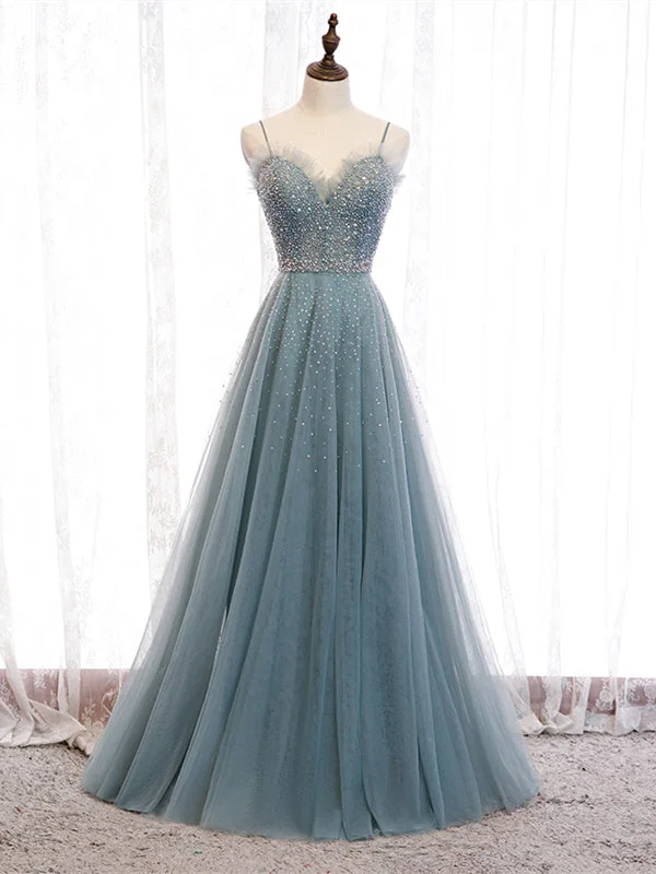 Amazing Prices You Can’t Resist!Spaghetti Long A-line Tulle Beaded Prom Dresses, Sequined Prom Dresses, Newest 2021 Prom Dresses