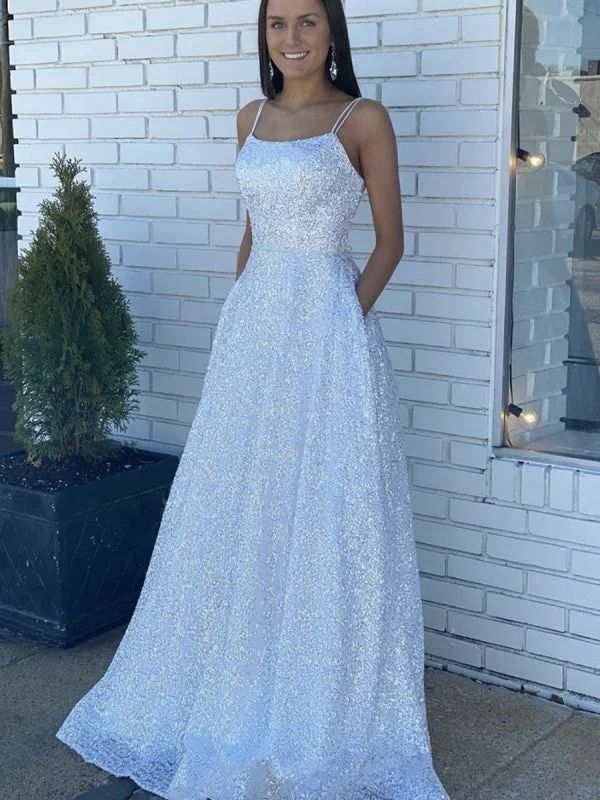 Save More When You Shop More!Spaghetti Straps Sequins Long Prom Dresses, A-line Bling 2020 Newest Prom Dresses