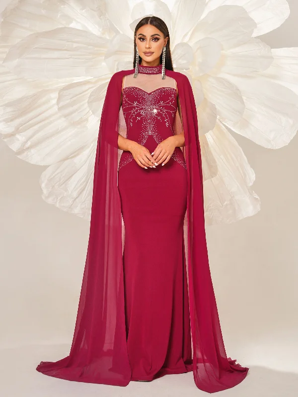 The Sale You’ve Been Waiting For!Stand Collar Rhinestone Cape Chiffon Dress MES00599