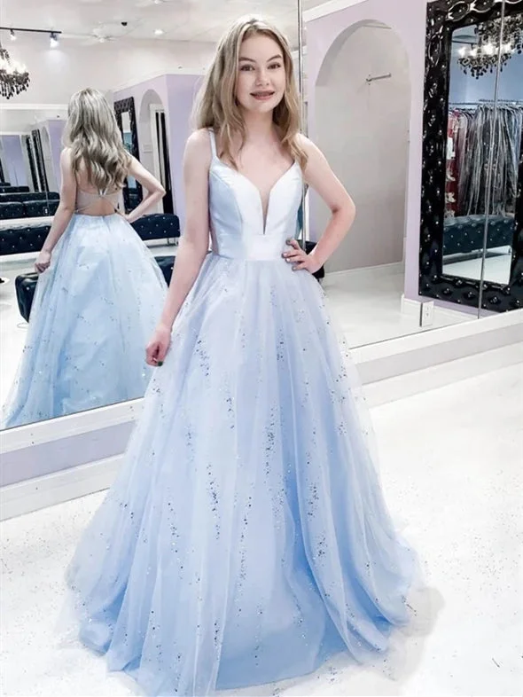Bigger Savings, Better Shopping!Straps Long A-line Blue Sequin Tulle Prom Dresses, Popular 2020 Prom Dresses, Newest Prom Dresses