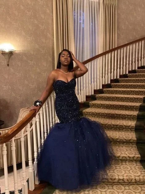 Today Only – Don’t Miss It!Sweetheart Navy Blue Mermaid Prom Dress With Beading      cg24797