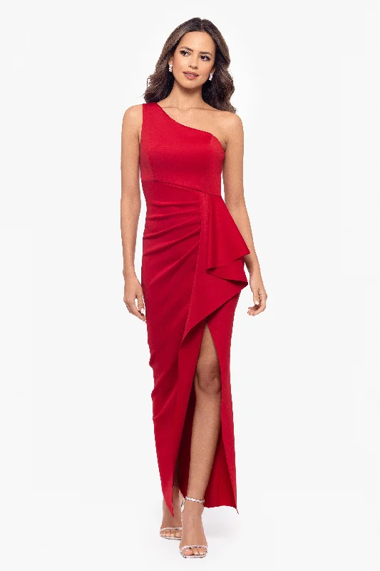 Every Deal is a Steal!"Tana" Long Scuba One Shoulder Ruffle Floor Length Dress