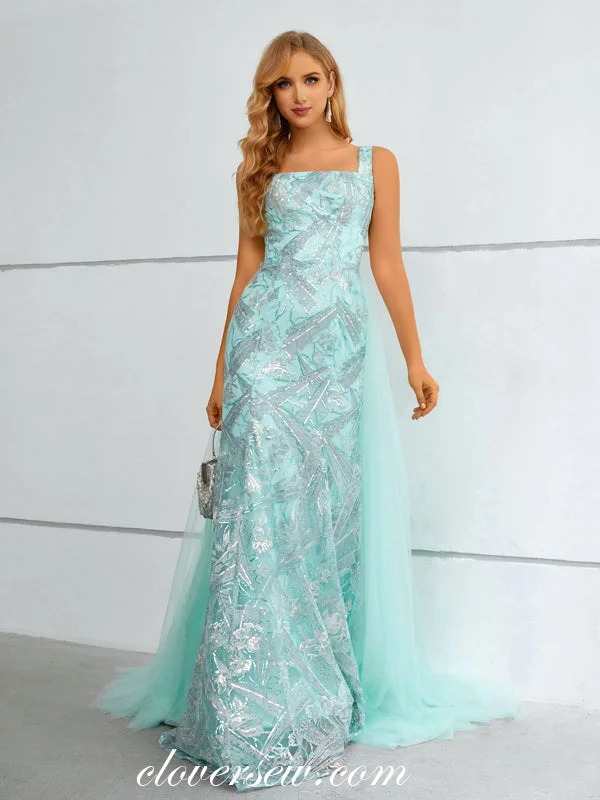 Score Big Savings Today!Tiffany Blue Lace Detachable Tulle Train Square Neck Sleeveless Prom Dresses, CP0915