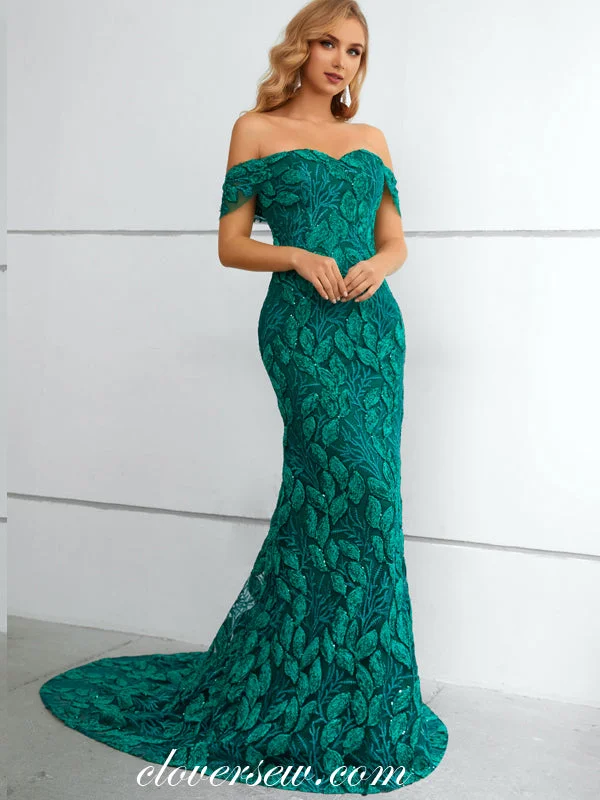 Special Discounts Inside!Turquose Embroidery Lace Off The Shoulder Mermaid Elegant Prom Dresses, CP0916