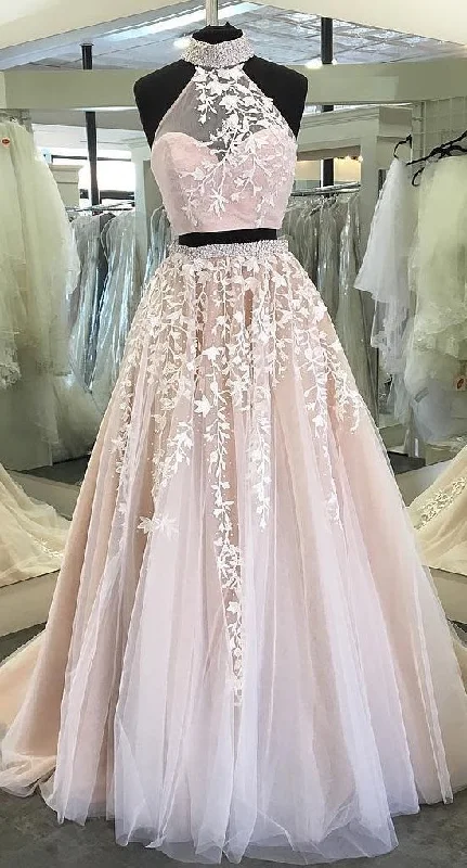 Save More Than Ever!Two Piece Tulle Ball Gowns Quinceanera Prom Dresses Beaded High Neck With Lace Embroidery       cg2469