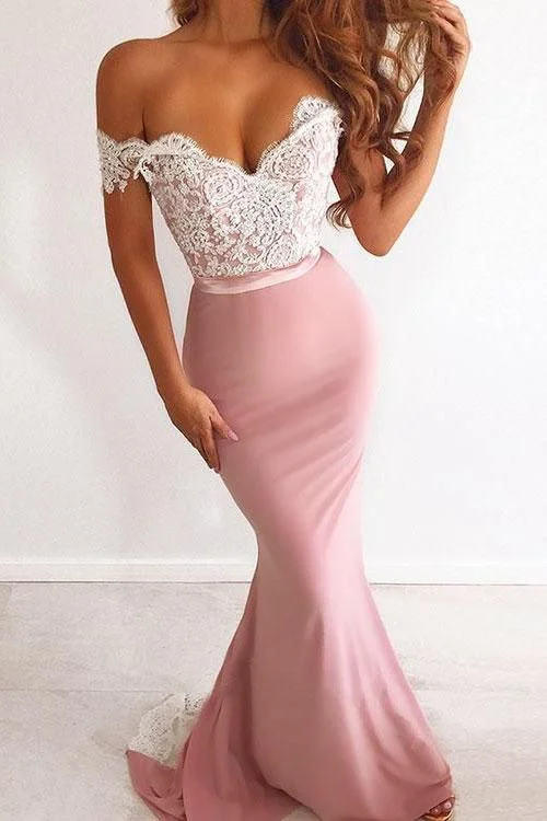 Score Big Savings Today!Unique Pink Off the Shoulder Mermaid Lace Long Prom Dresses Cheap Party Dresses    cg24795