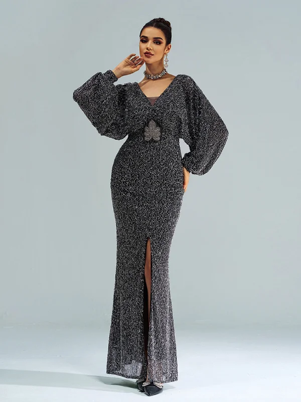 Don't Miss Out!V-Neck Backless Split Sequin Maxi Dress ME00306