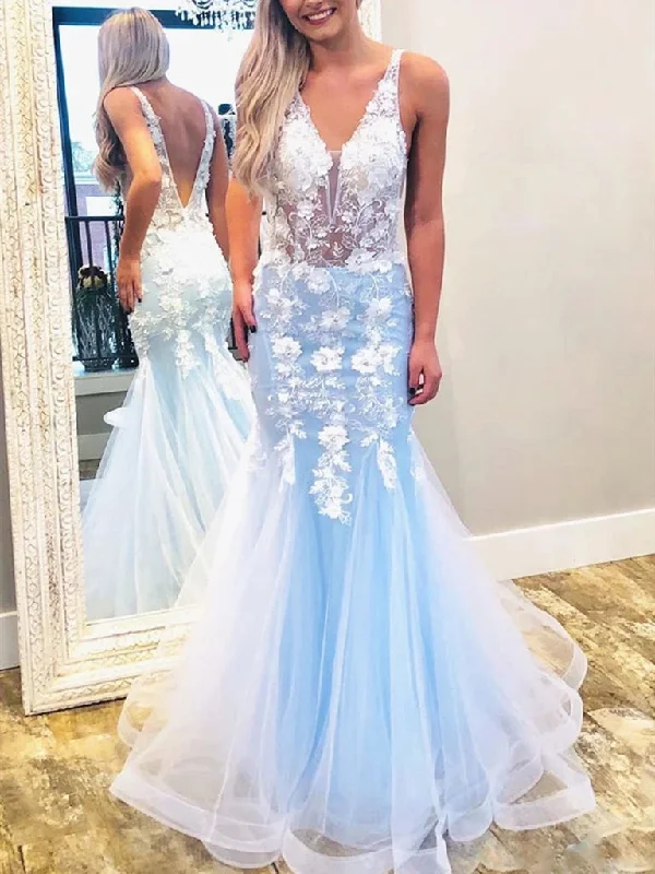 Special Offer – Act Fast!V-neck Long Mermaid Lace Tulle Prom Dresses, Appliques Prom Dresses, Light Blue Prom Dresses