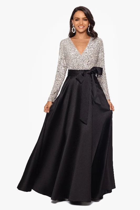Limited Time Offer!"Dixie" V-Neck Long Sleeve Sequin Top Waistband with Bow Gown